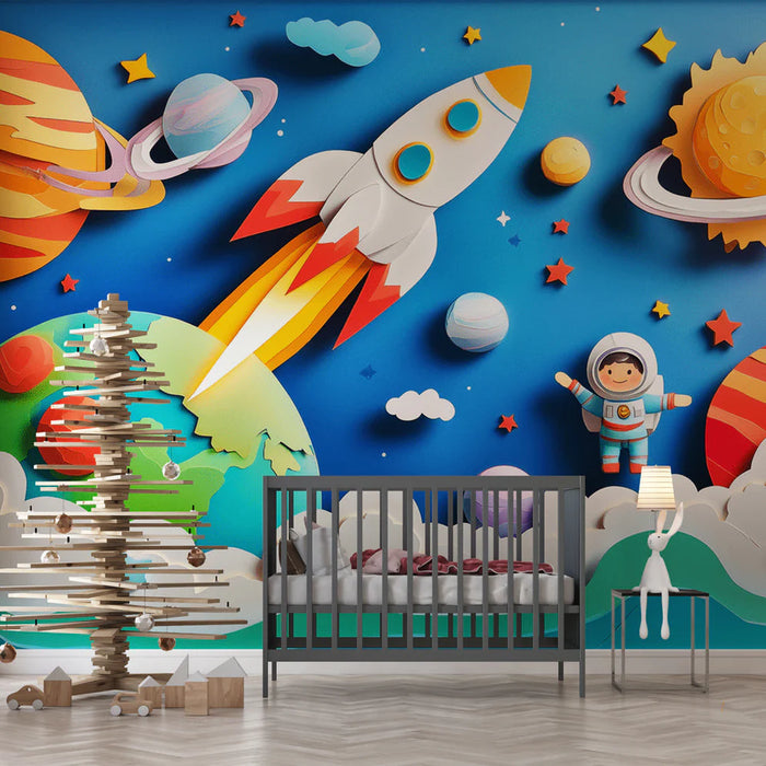 Mural Wallpaper kids space | Rocket and planets in bright colors