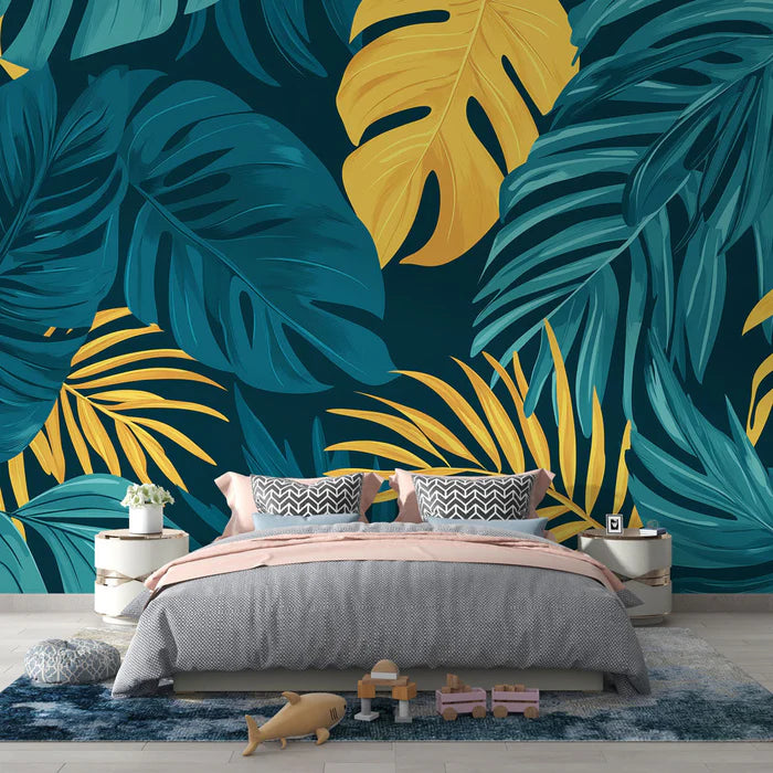 Mural Wallpaper yellow and blue foliage | Monstera and palm tree