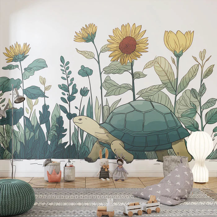 Mural Wallpaper turtle and flowers | Turtle moving among sunflowers and lush foliage