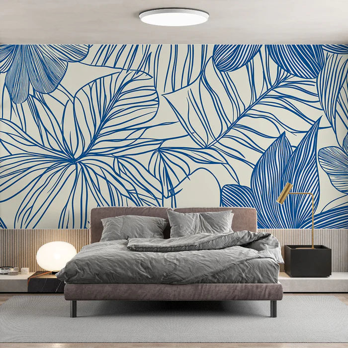 Flowers and foliage mural wallpaper featuring delicate blue floral design on light cream background for Scandinavian bedroom decor

