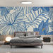 Flowers and foliage mural wallpaper featuring delicate blue floral design on light cream background for Scandinavian bedroom decor
