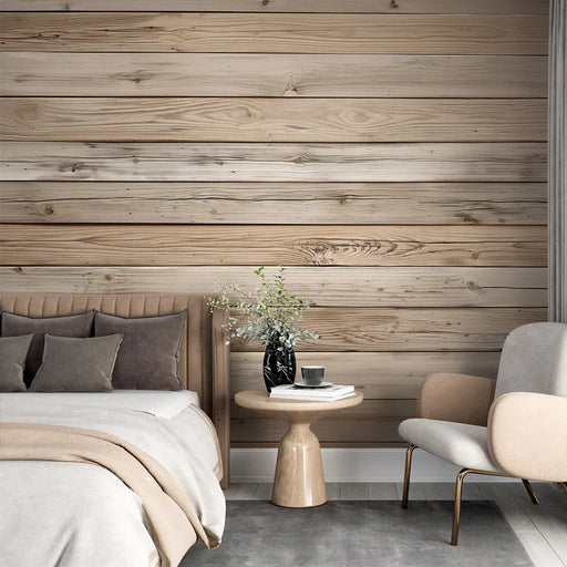Light wood effect mural wallpaper featuring realistic thin plank design in natural beige tones for Scandinavian living room decor

