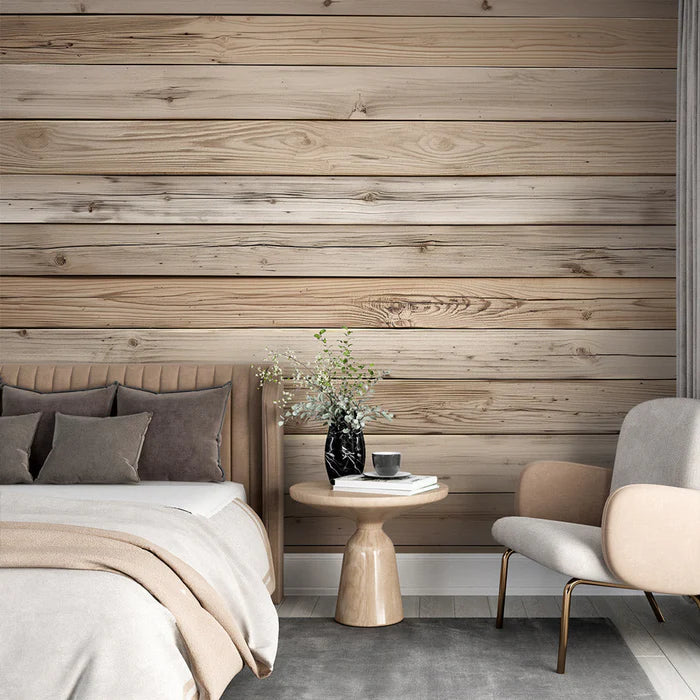 Light wood effect mural wallpaper featuring realistic thin plank design in natural beige tones for Scandinavian living room decor
