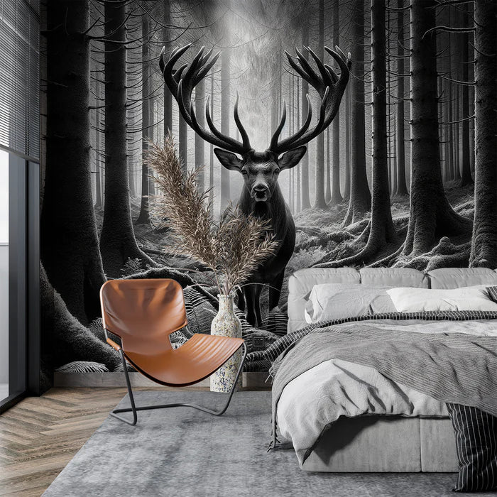 Black and White Deer Mural Wallpaper | Fern Forest
