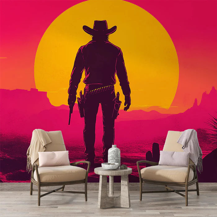 Mural Wallpaper desert landscape | Cowboy silhouette at vibrant sunset