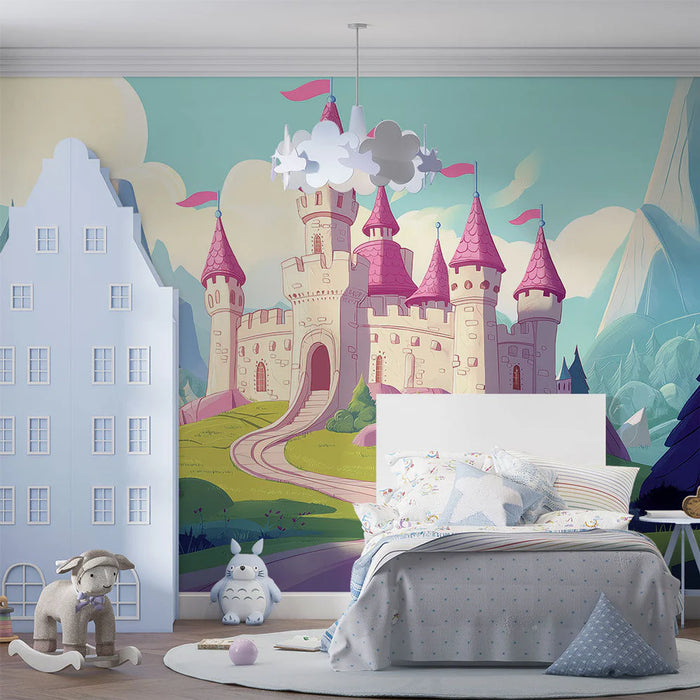 Mural Wallpaper fairy tale castle | Castle with pink towers in an enchanting landscape