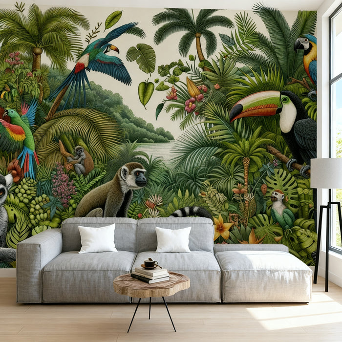 Parrot Mural Wallpaper | Tropical Jungle with Toucans, Monkeys, and Parrots
