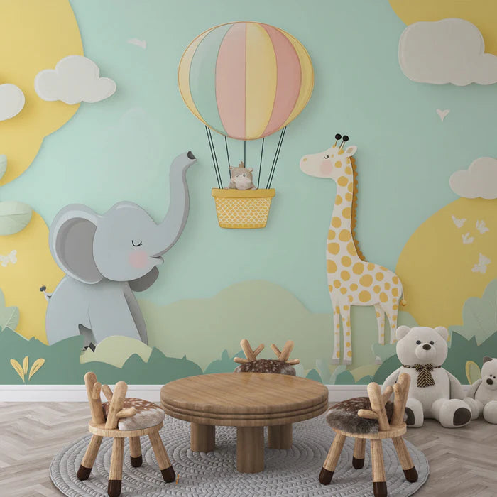 Mural Wallpaper safari child | Elephant and giraffe with hot air balloon
