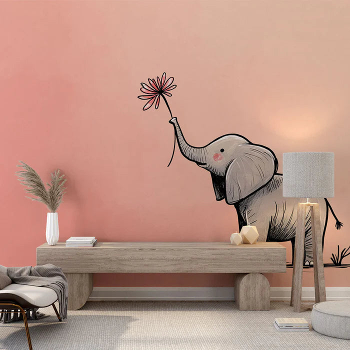 Mural Wallpaper elephant | Elegant caricatural elephant holding a flower on a pink background