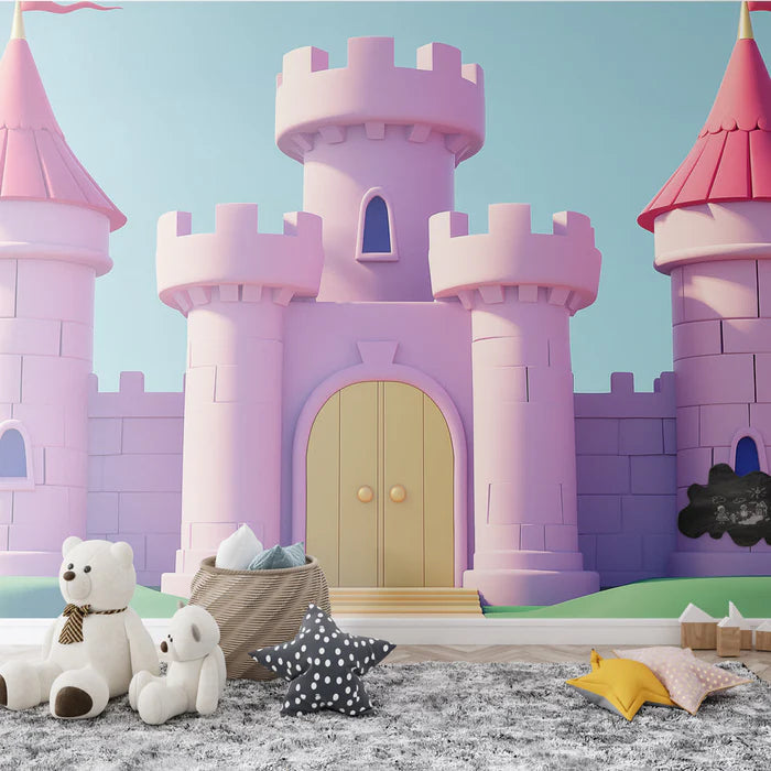 Mural Wallpaper toy castle | Pink castle in cartoon style with towers and flags