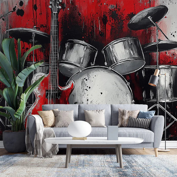 Mural Wallpaper music | Electric guitar and drums on red artistic background
