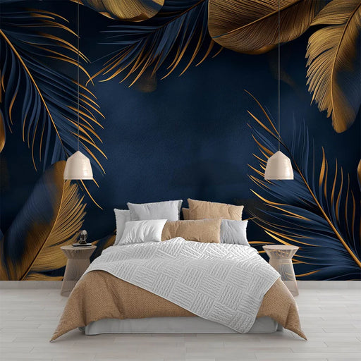 Feather mural wallpaper featuring elegant blue feathers with gold metallic accents for luxury living room decoration

