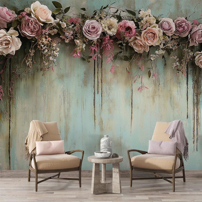 Mural Wallpaper shabby chic | Romantic floral garland on aquatic background