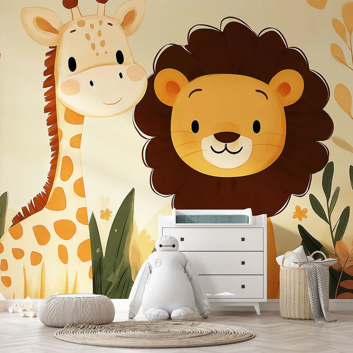 Mural Wallpaper animals | A giraffe and a lion in a gentle setting