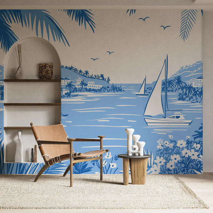 Mural Wallpaper marine | Tropical scene with sailboats and palm trees in shades of blue