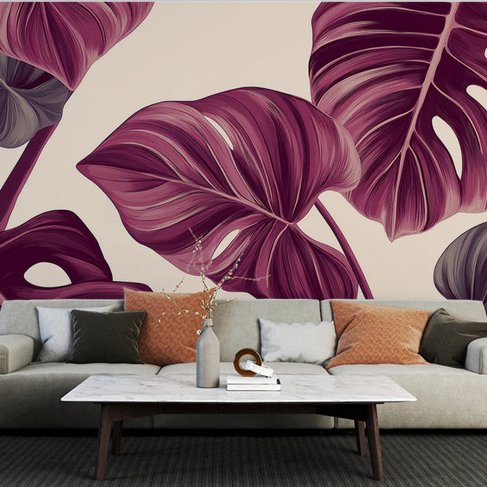 Mural Wallpaper monstera leaves | Lush pattern in burgundy and gray shades