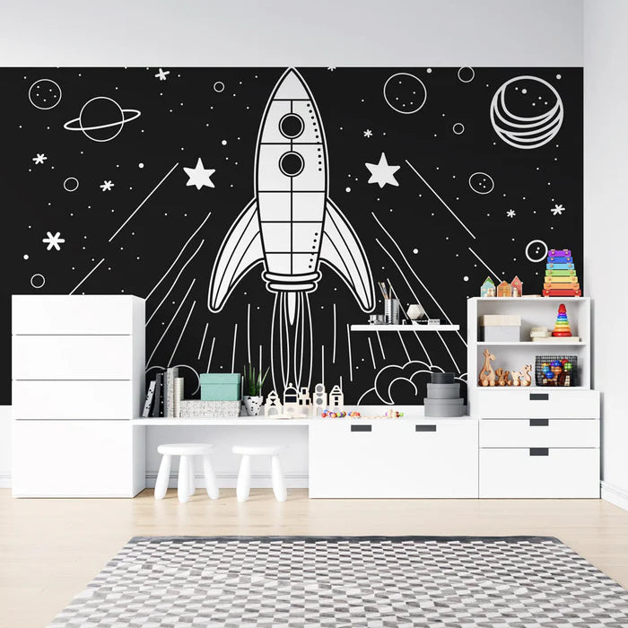 Mural Wallpaper coloring | Rocket in black and white in space