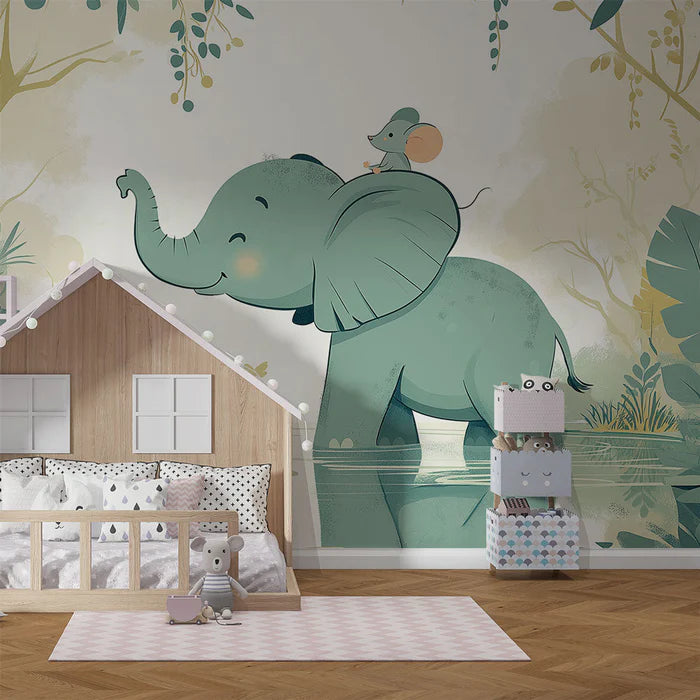 Mural Wallpaper elephant | A happy elephant with a little mouse in the middle of nature