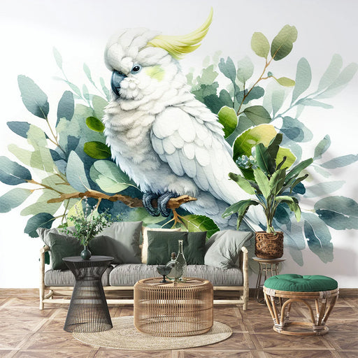 Parrot mural wallpaper featuring white cockatoo with yellow crest in soft watercolor style surrounded by tropical foliage for living room decor
