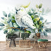Parrot mural wallpaper featuring white cockatoo with yellow crest in soft watercolor style surrounded by tropical foliage for living room decor
