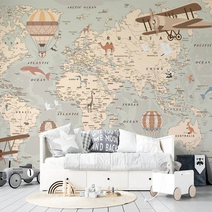 World map mural wallpaper for kids room featuring colorful continents, countries and educational geography design for children's learning
