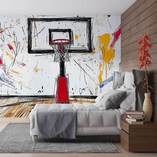 Basketball mural wallpaper featuring artistic design of basketball hoop with vibrant color splashes in red, yellow, and blue for game room decoration
