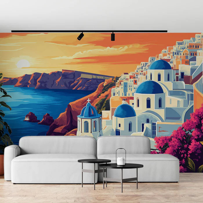 Mural Wallpaper Santorini | Sunset on the white houses and blue domes