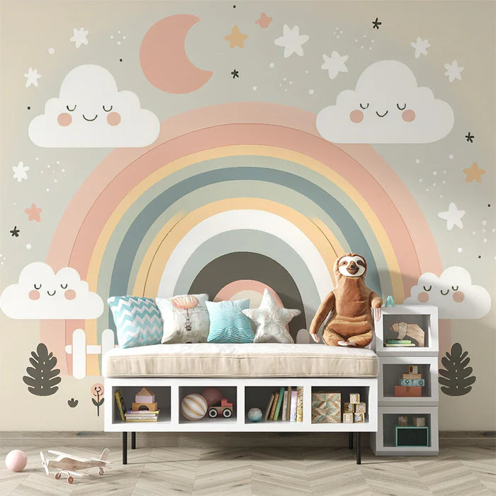 Rainbow Mural Wallpaper | Garden, Clouds, and Neutral Rainbow