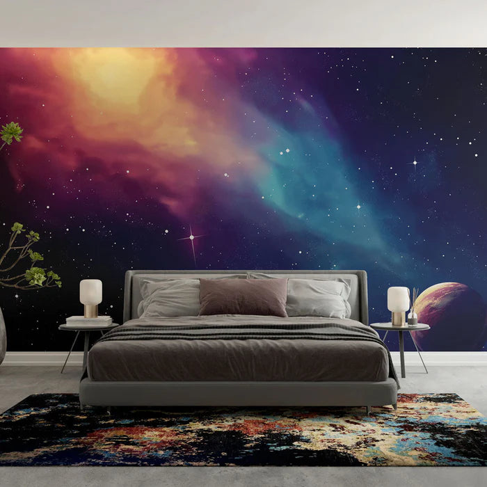 Mural Wallpaper galaxy | A vibrant cosmic landscape with stars and planets