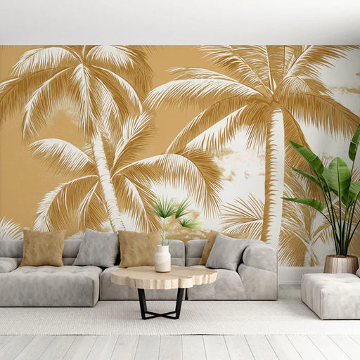 Palm trees mural wallpaper featuring tropical pattern in golden and white tones with elegant metallic accents for luxury living room decor
