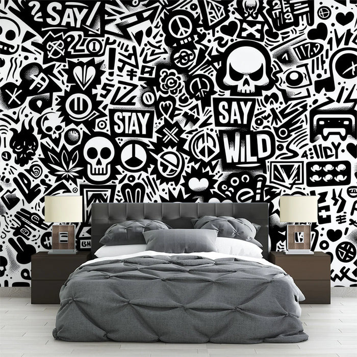 Street art Mural Wallpaper | Black and white skull