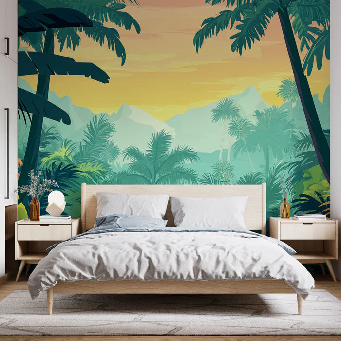 Mural Wallpaper jungle | Tropical tapestry with lush foliage and sunset