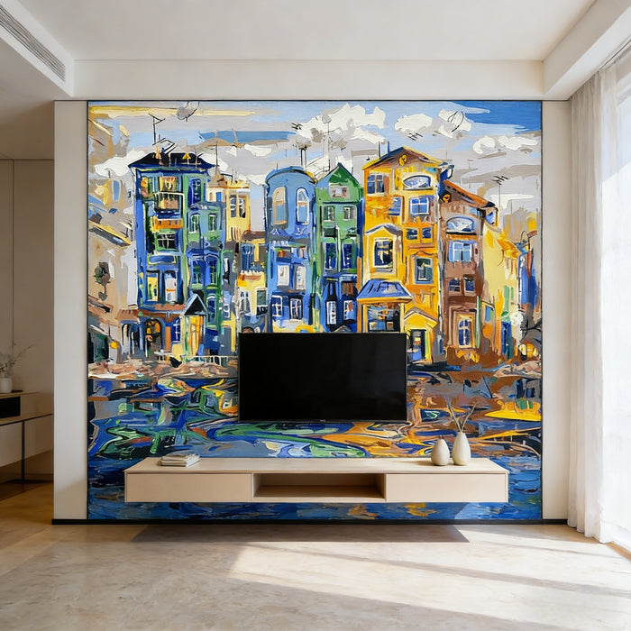 Close-up detail of vibrant graffiti-style mural wallpaper showing colorful architectural blocks in blue, yellow and orange tones
