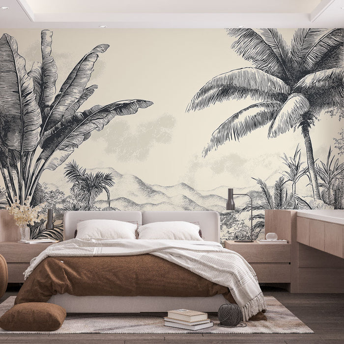 Mural Wallpaper jungle | Monochrome botanical illustration of a tropical jungle