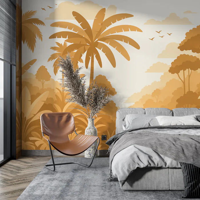 Mural Wallpaper jungle | Tropical motif in orange and soft tones