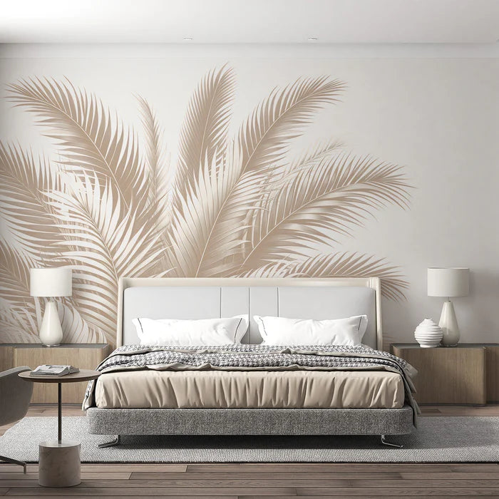 Beige foliage mural wallpaper featuring elegant palm leaf bouquet in warm neutral tones for bedroom decoration
