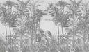 Panoramic view of tropical paradise mural wallpaper with layered palm trees and botanical illustration
