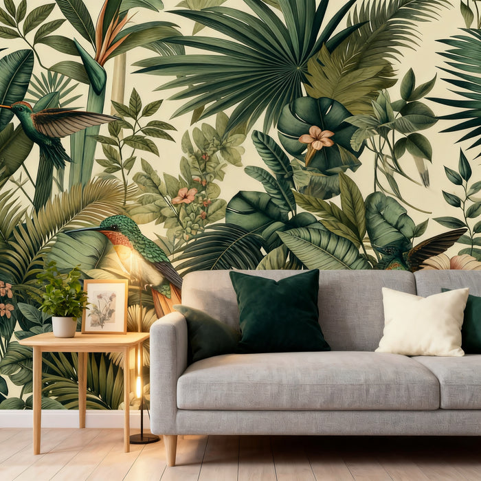 Tropical Jungle Mural Wallpaper | Lush Foliage and Hummingbirds
