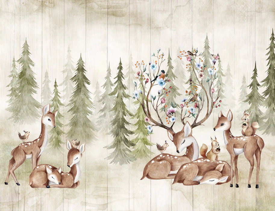 Mural Wallpaper baby room | Green pine forest, does and deer