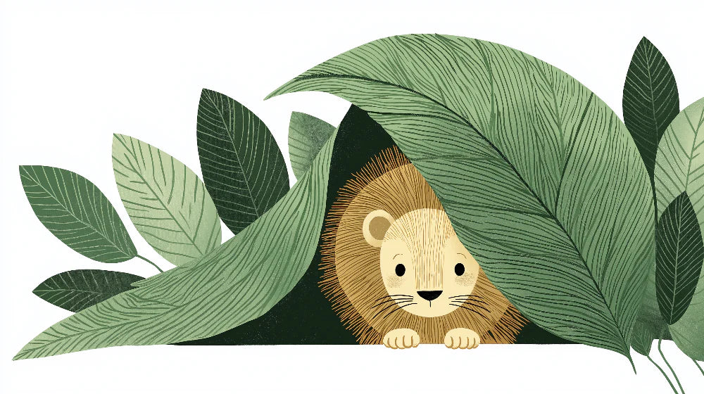 Hidden lion mural wallpaper | A cute lion cub behind lush leaves