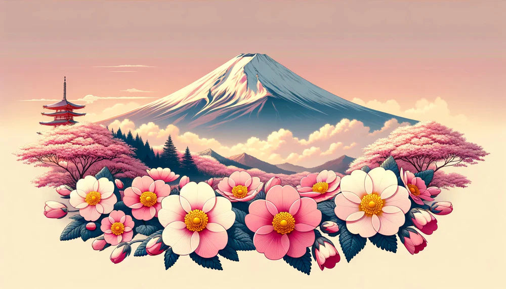 Japanese Flower Mural Wallpaper | Kosumosu Flowers and Mount Fuji