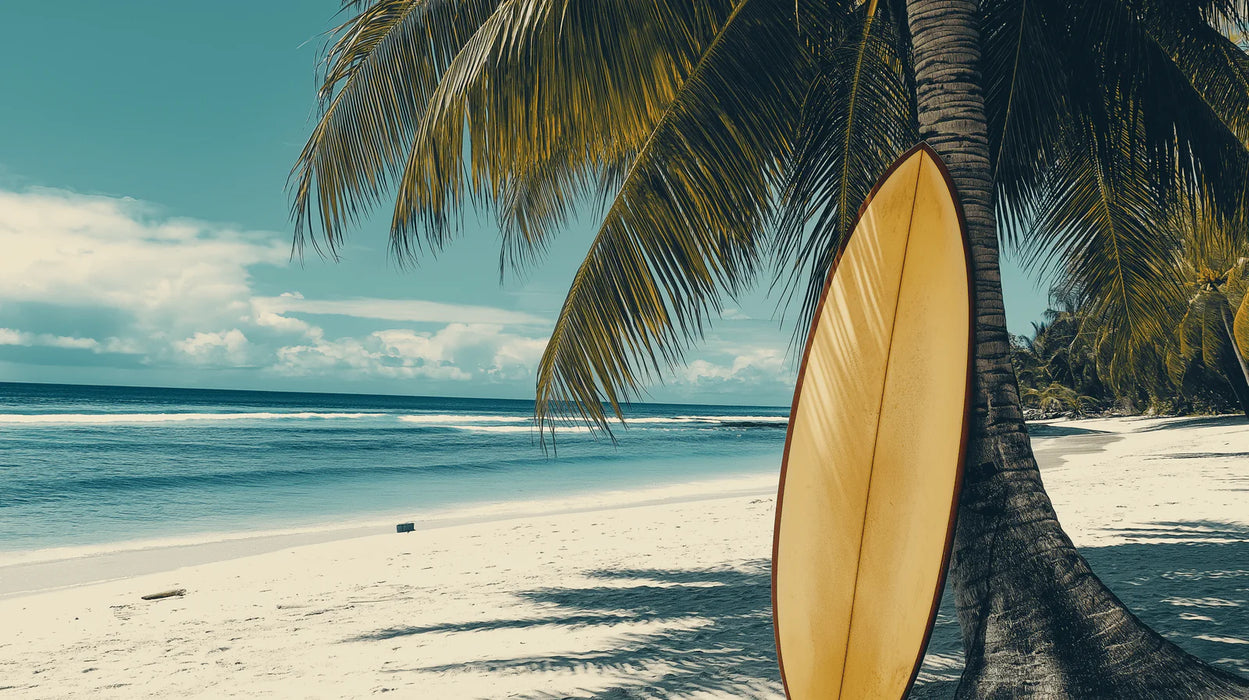 Mural Wallpaper beach | Tropical ambiance with palm trees and surfboard