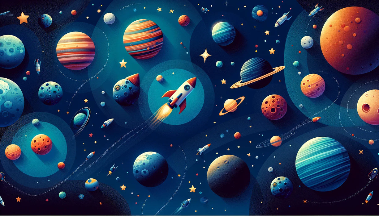 Space Mural Wallpaper | Cartoon Drawing of Planet and Rocket