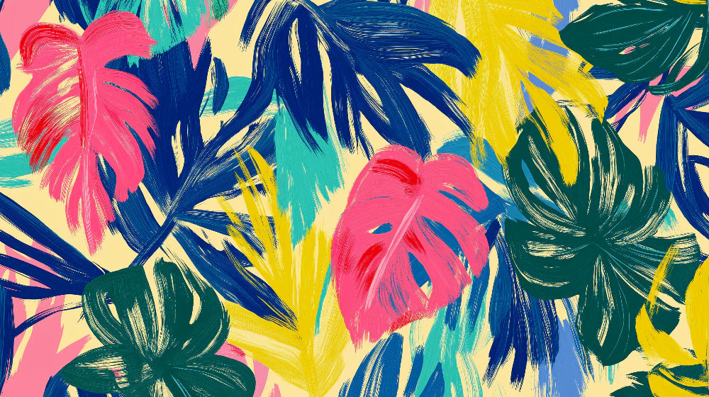 Mural Wallpaper jungle and flowers | Oil painting monstera leaves