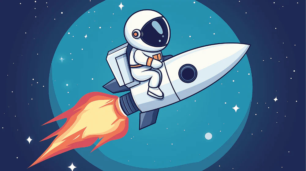 Mural Wallpaper Astronaut | An astronaut traveling in space with a colorful rocket