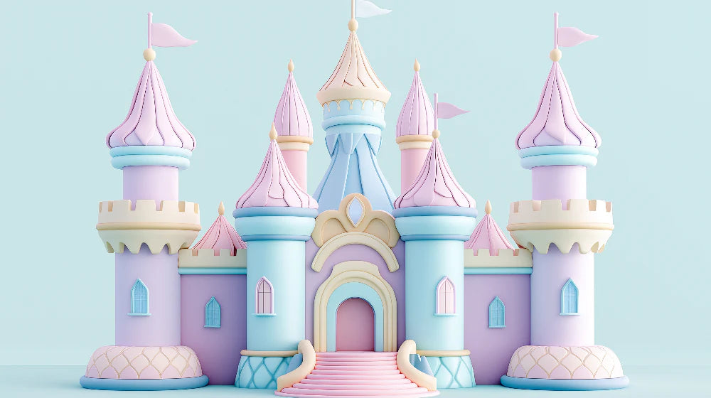 Mural Wallpaper fantastic castle | Pastel castle with winding towers and flags