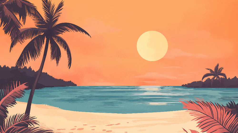 Close-up of serene beach sunset wallpaper design with vibrant sky colors and tropical palm silhouettes for relaxing living room decor
