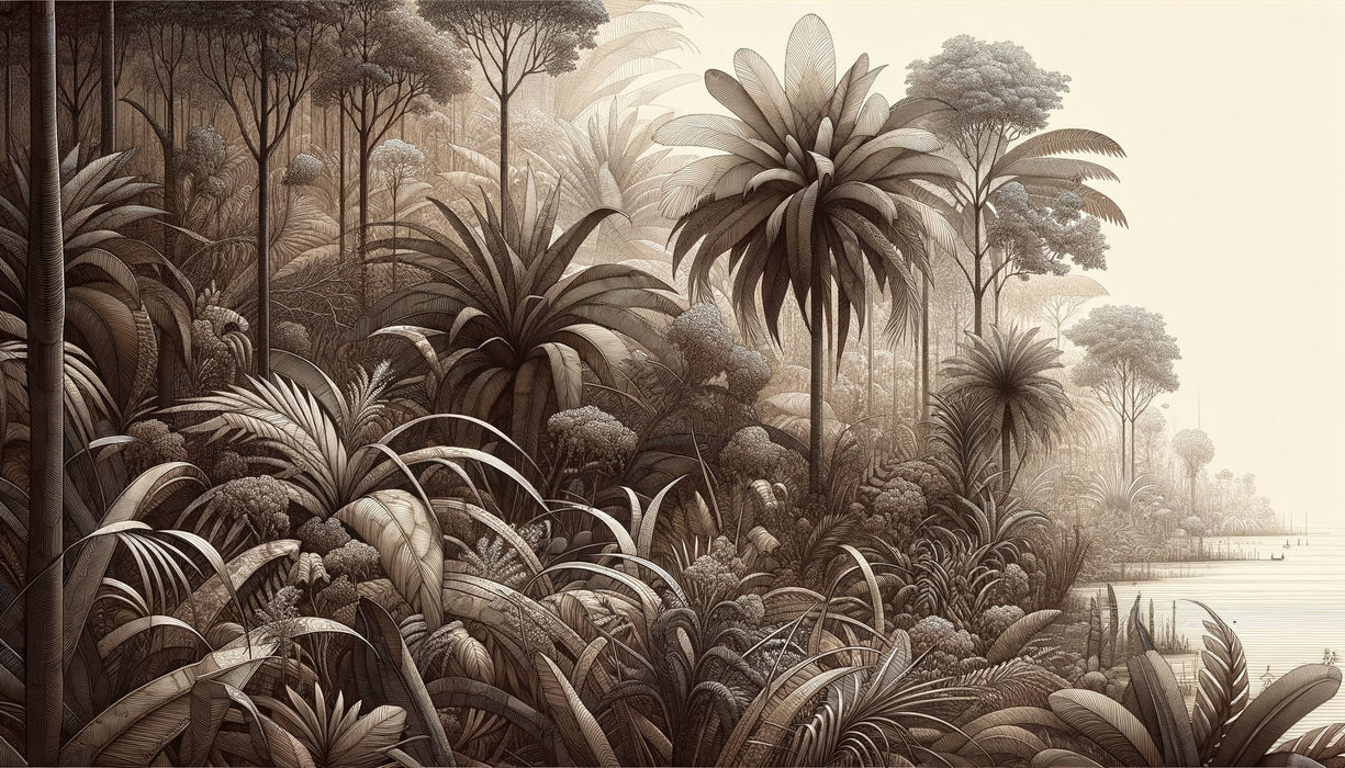 Jungle Mural Wallpaper | Monochrome Tropical Forest with Variety of Plants and Palm Trees