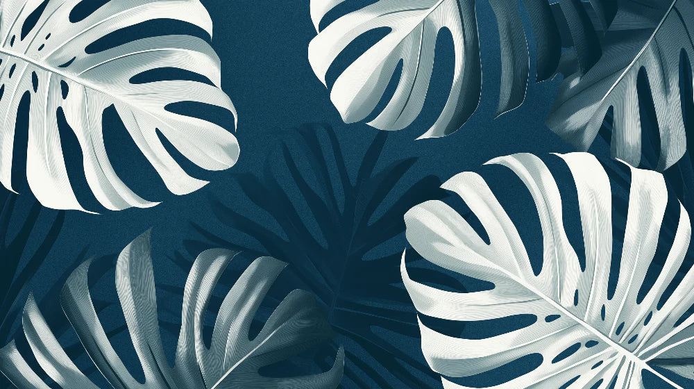 Mural Wallpaper duck blue monstera leaves | A tropical and sophisticated design