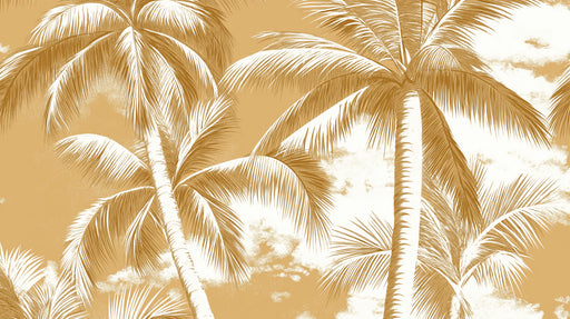 Close-up of golden palm tree wallpaper design with stylized tropical leaves in white and gold for sophisticated bedroom decoration

